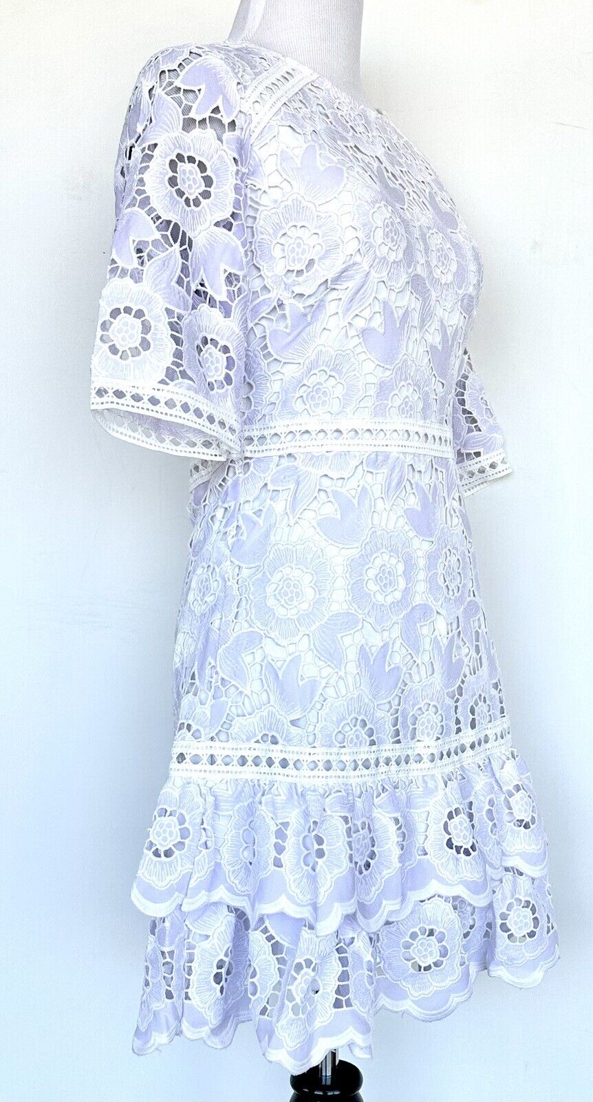 Just Me Pale Lavender White Lace Dress Price $88 Size XS NWT Ruffle Hem