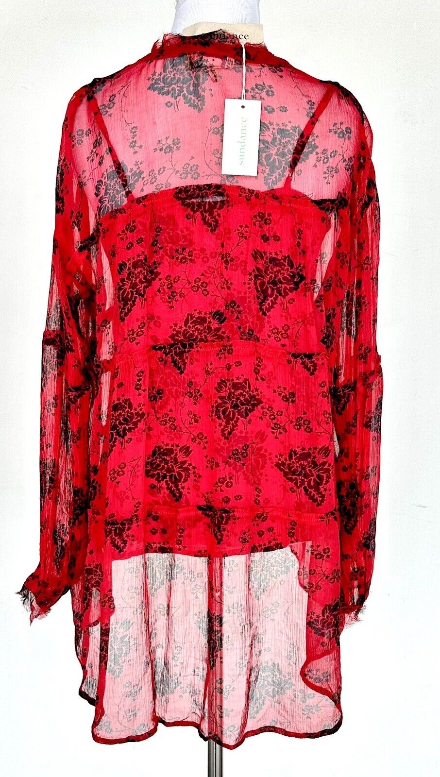 Sundance Elodie Red And Black Blouse LS Retail $138 Size XS Sheer With Cami