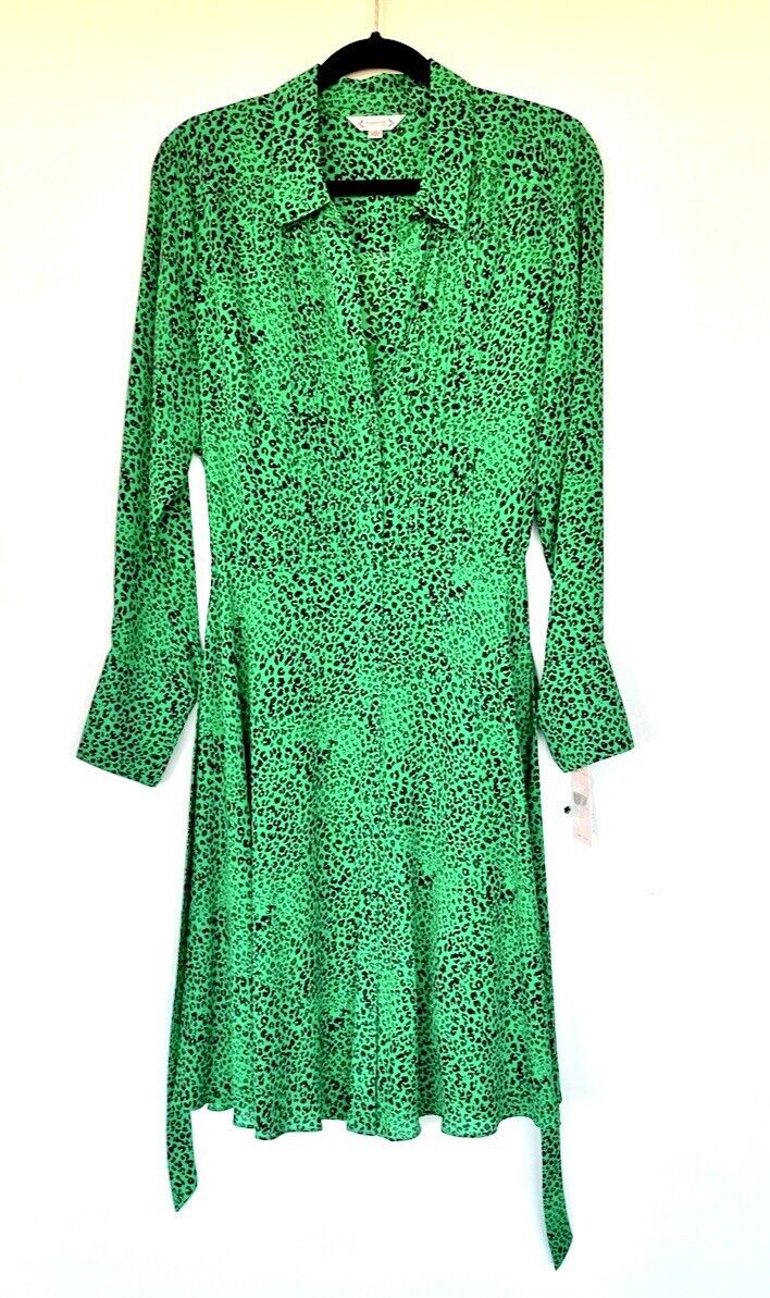 Nanette Lepore Green And Black Animal Print LS Dress Retail $128 10
