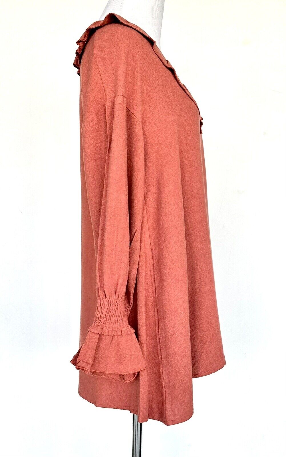 Paisley Vine Linen Mix Ruffle Neck Tunic Top Rust NWT $58 Smocked Cuff Small