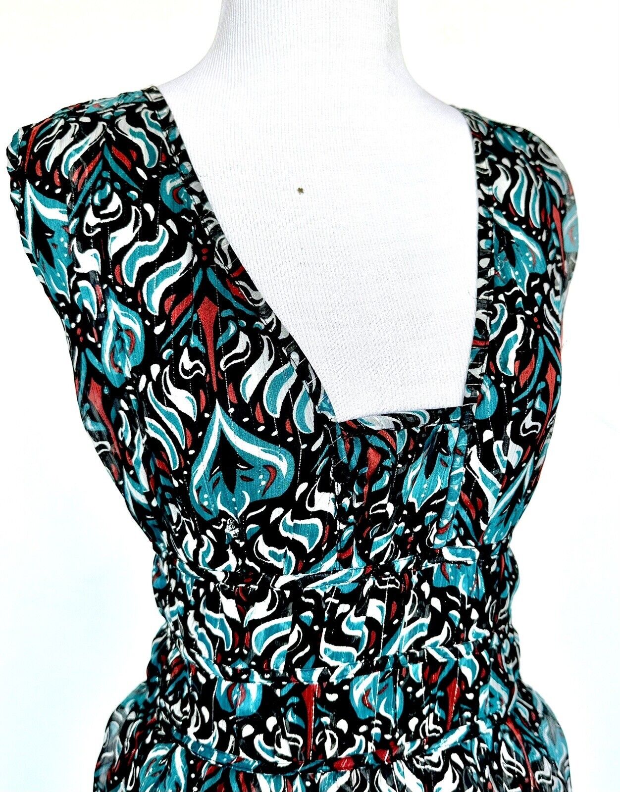 Walter Baker Teal Black Red Peplum Metallic Dress Retail $218 Price $72  XS