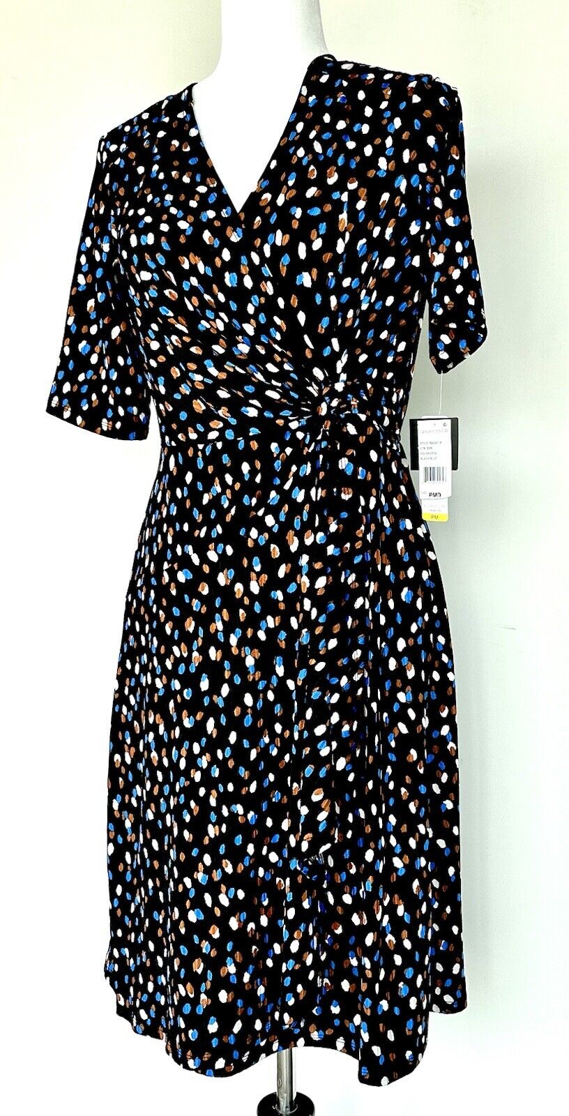 SIGNATURE BY ROBBIE BEE Black Spot Faux Wrap Dress Retail $79 Stretch Size SP