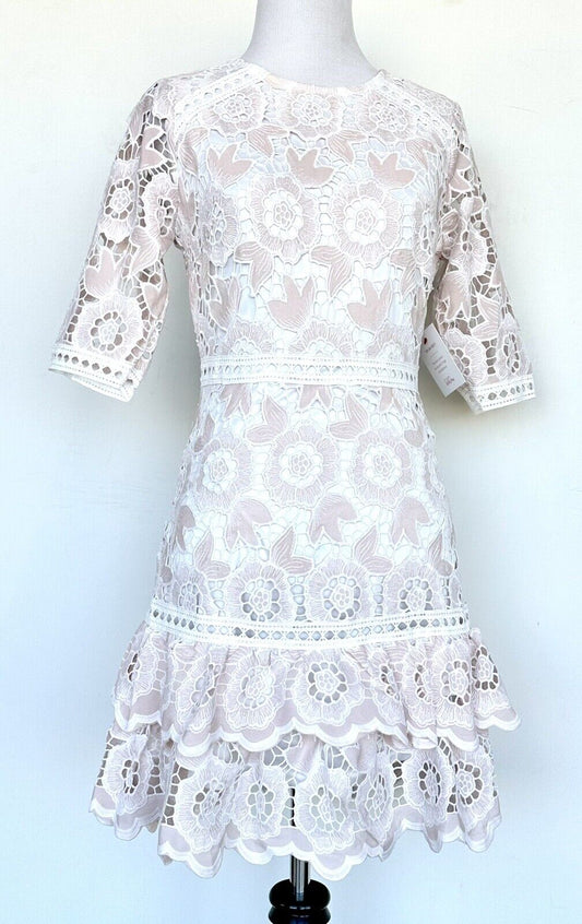 Just Me Pale Pink White Lace Dress Price $88 Size S NWT Ruffle Hem