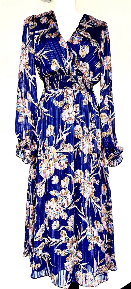 Laundry By Shelli Segal Blue Floral Metallic Stripe Dress
