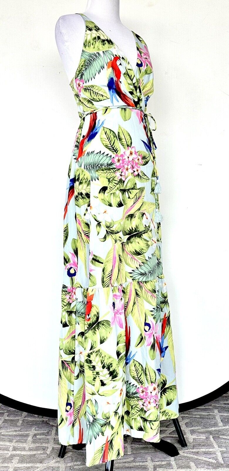 AaKaa Sage Exotic Getaway Tropical Print Maxi Dress Small Price $55