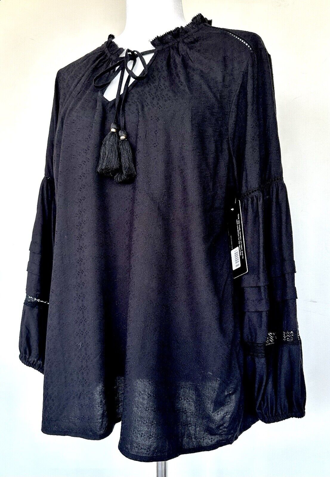 Liverpool Black Long Sleeve Peasant Blouse Size M Tassels Retails $98 NWT