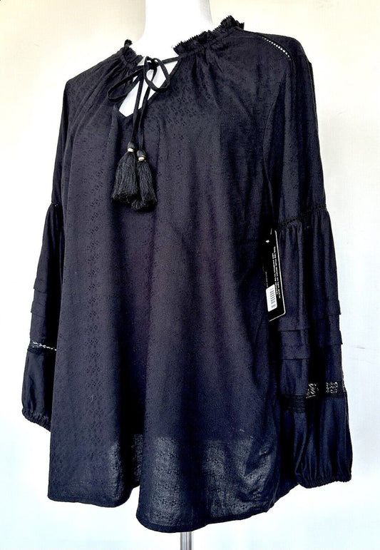 Liverpool Black Long Sleeve Peasant Blouse Size M Tassels Retails $98 NWT
