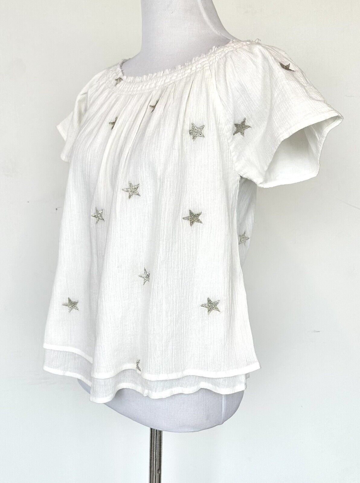 Generation Love White Silver Star Flutter Sleeve Top Retail $139 Price $48 XS