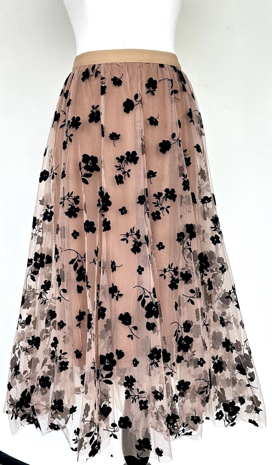 CHICWISH Tan/ Black Posy Double-Layer Mesh Midi Skirt NWT Size XS