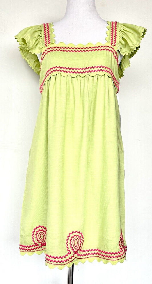J Marie Lime Pink Hailey Dress Retail $128 Flutter Strap Embroidered Linen Mix