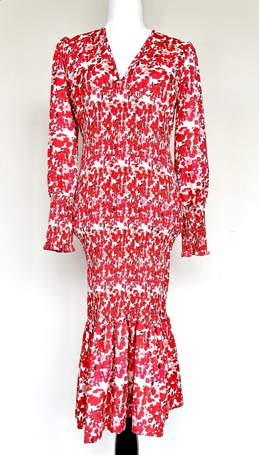 Dolce Smocked Red LS Floral Dress Size Small Bodycon