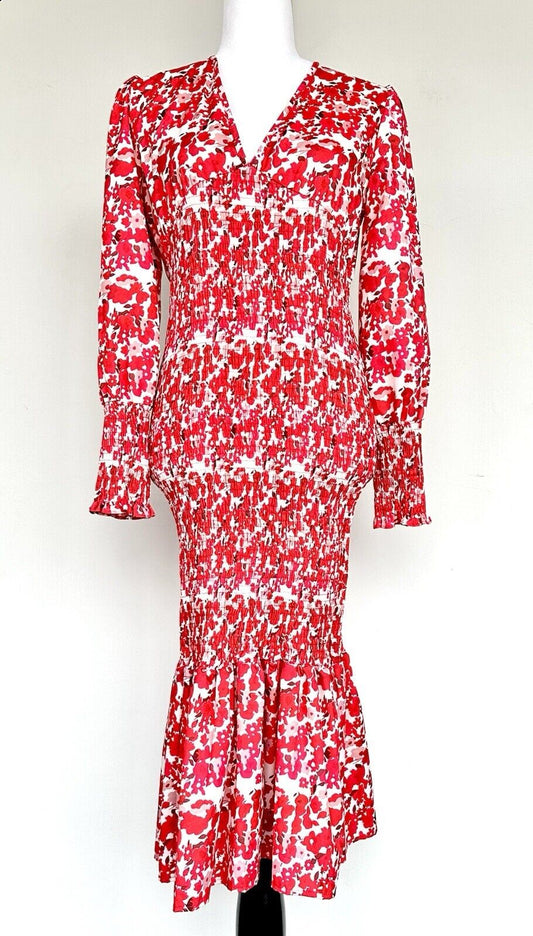Dolce Smocked Red LS Floral Dress Size Small Bodycon