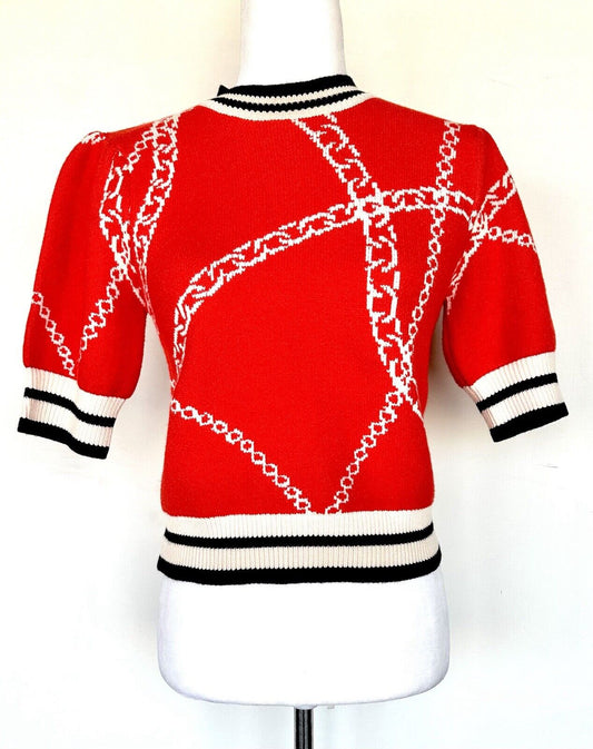 THML Red Chain Link Shirt Sleeve Sweater Contrast Rib Retail $109 Size Small NWT