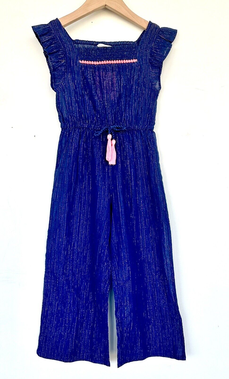 Monsoon Girls Metallic Stripe Jumpsuit Age 4 Flutter Cap Sleeve Tassel Ties