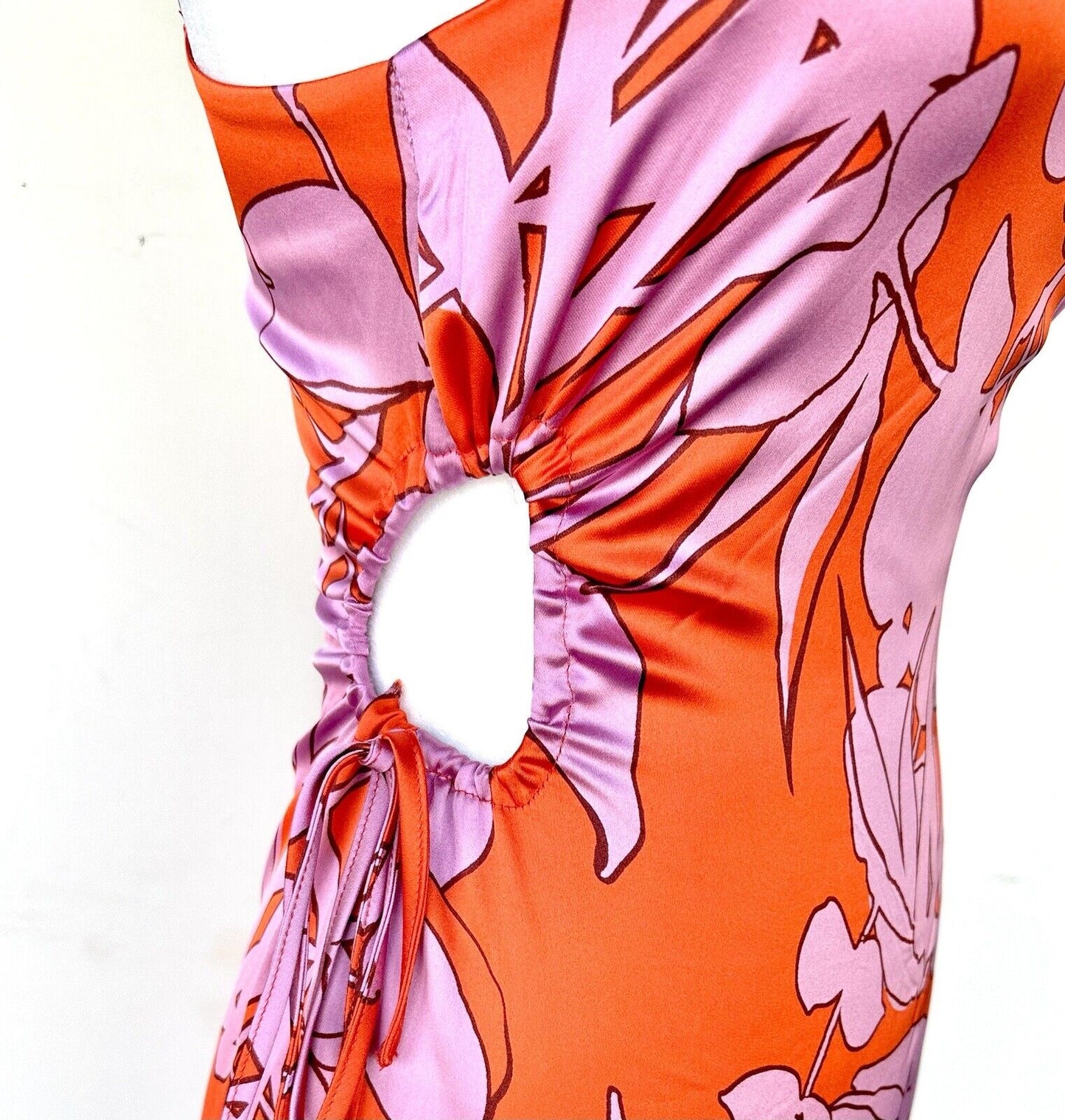 Christian Lacroix Dress Silky Red Lilac Floral Design W/ Cutout. Retail $460 XS