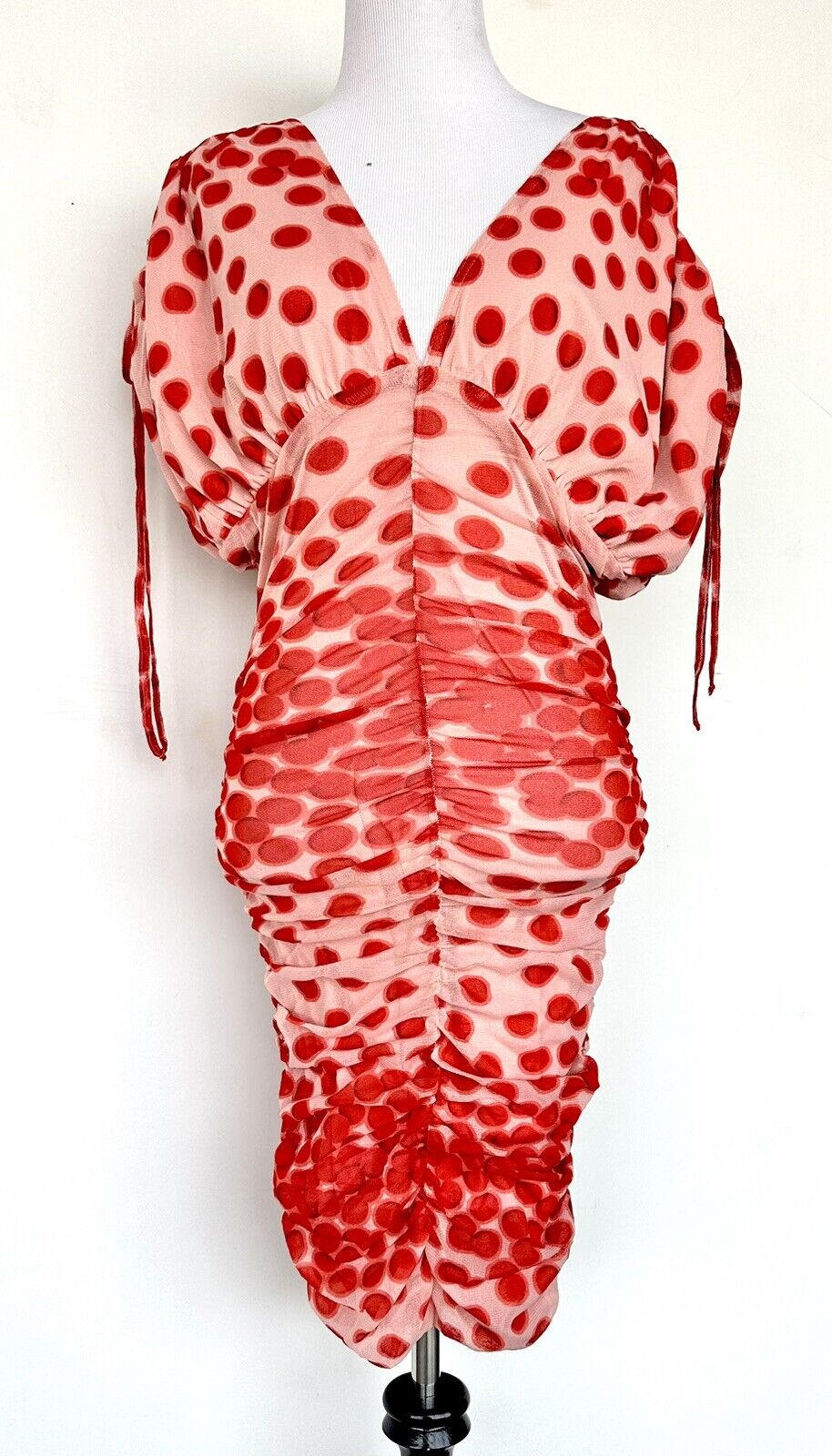 Vertigo Spot Mesh Overlay Dress Size S Ruched Retail $210 NWT Adjustable