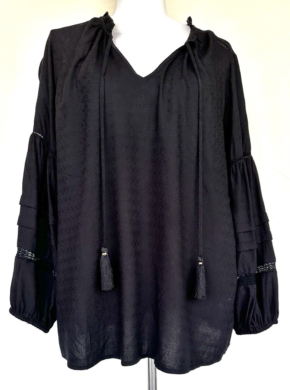 Liverpool Black Long Sleeve Peasant Blouse Size M Tassels Retails $98 NWT