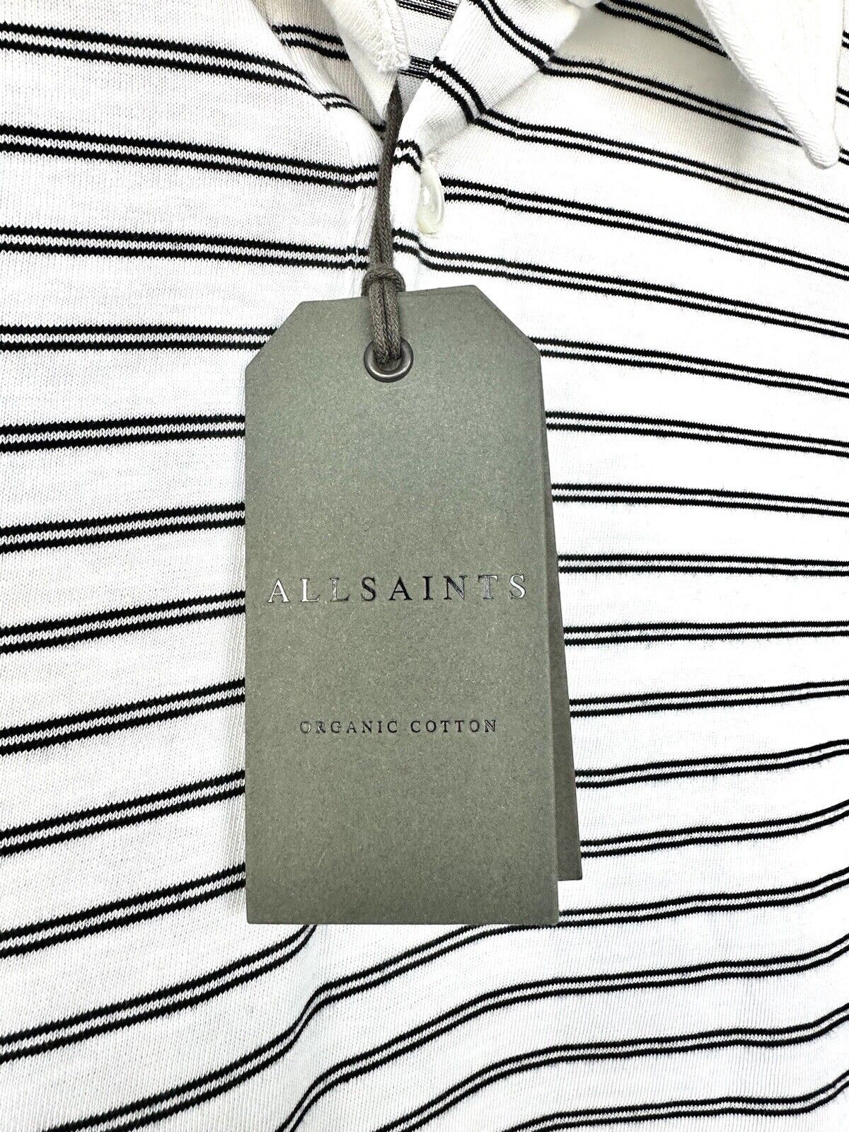 Allsaints Ave Polo Shirt Retails $109 Stripe Chalk White & Black NWT SS Size S