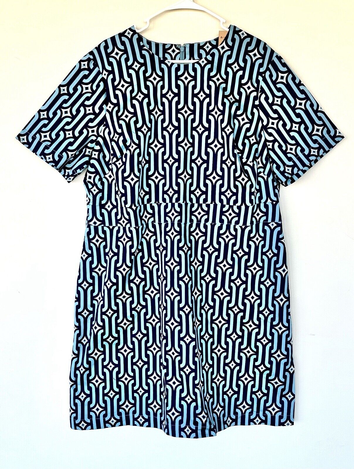 Boden Blue Geometric Chain Link Dress Cotton Shift Dress Retail $98 20-22 L NWT