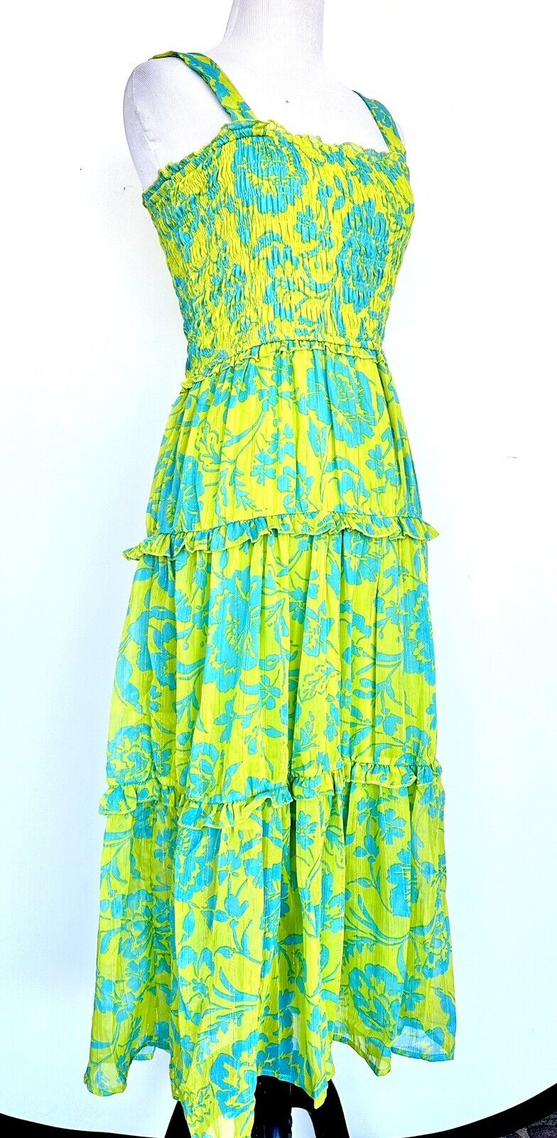 Umgee Lime& Blue Smocked Maxi Dress Sleeveless Price $56 Size S NWT