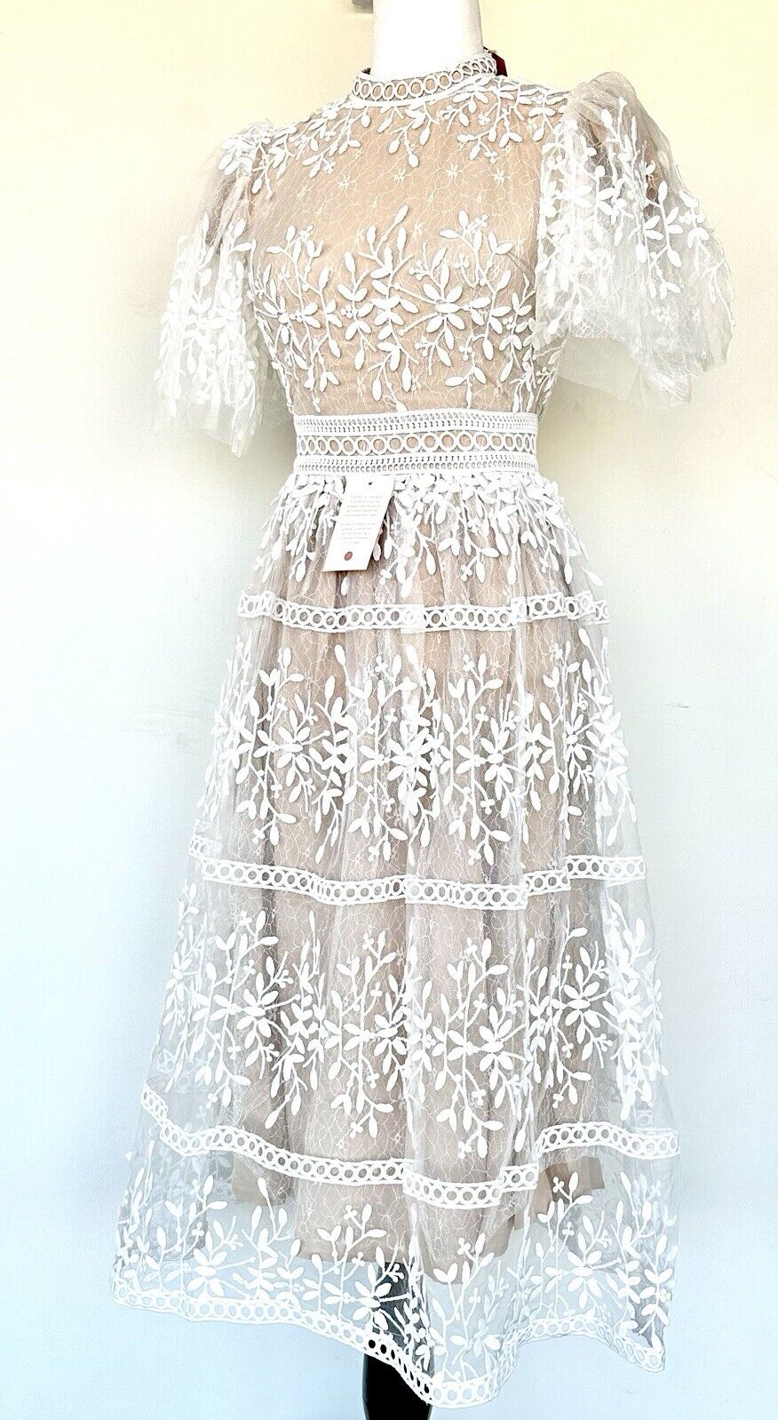 Ivy City White & Nude Embroidered Sicily Dress Three Layered. XS Flutter Sleeve