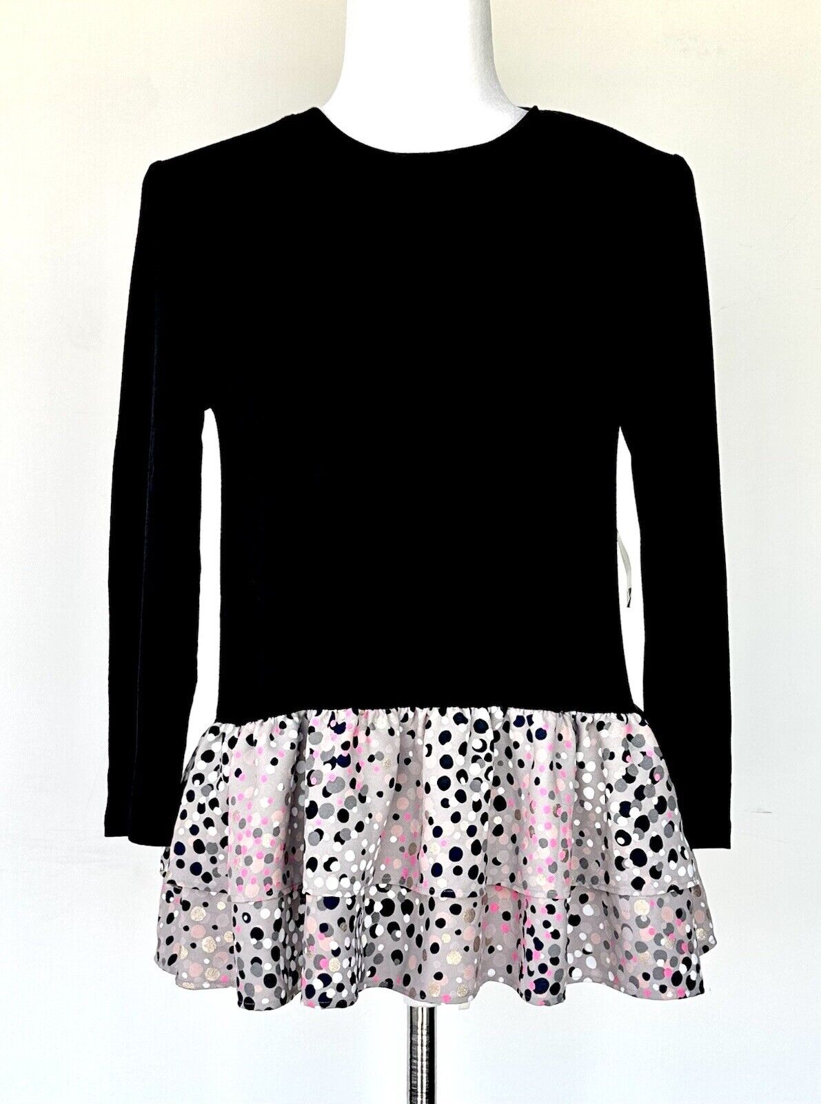 Kate Spade Black Top W/Ruffle Metallic Gold Silver Pink Spot Retail $119 XS