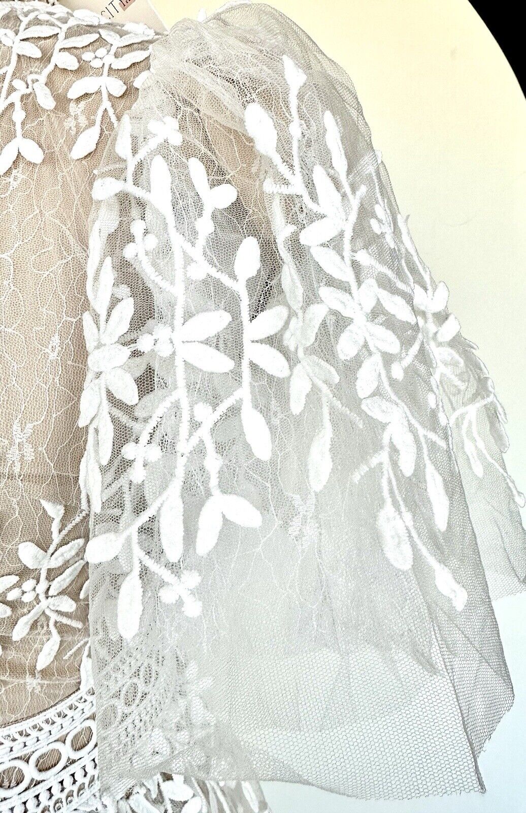 Ivy City White & Nude Embroidered Sicily Dress Three Layered. XS Flutter Sleeve
