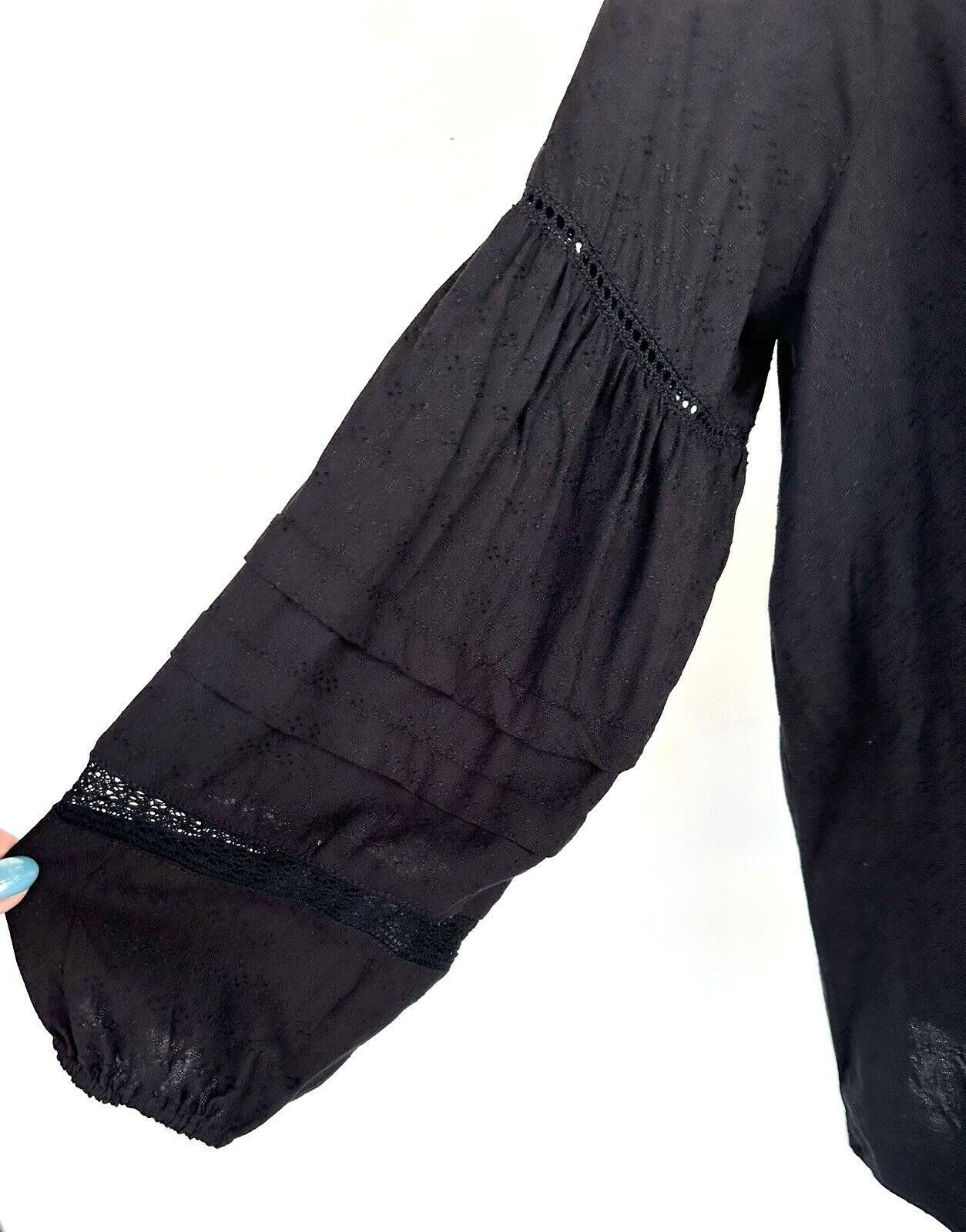 Liverpool Black Long Sleeve Peasant Blouse Size M Tassels Retails $98 NWT
