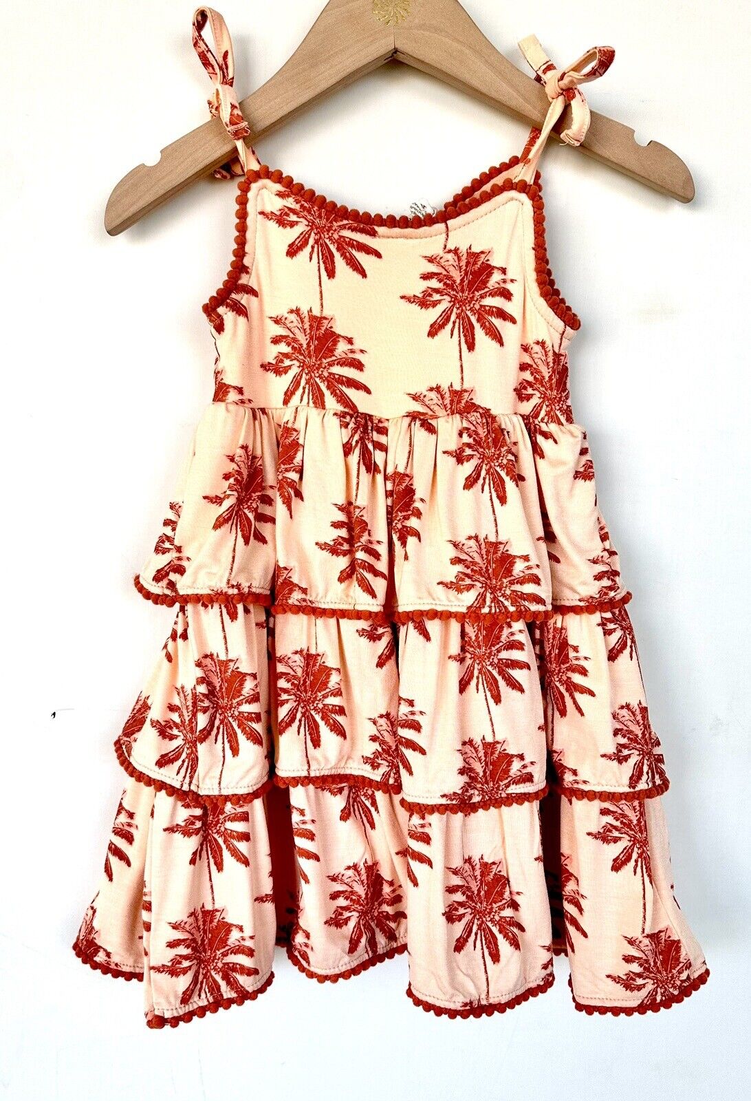 Kate Quinn Ruffle Tier Pom Pom Dress Peach Palm $33 3-6M NEW Bamboo