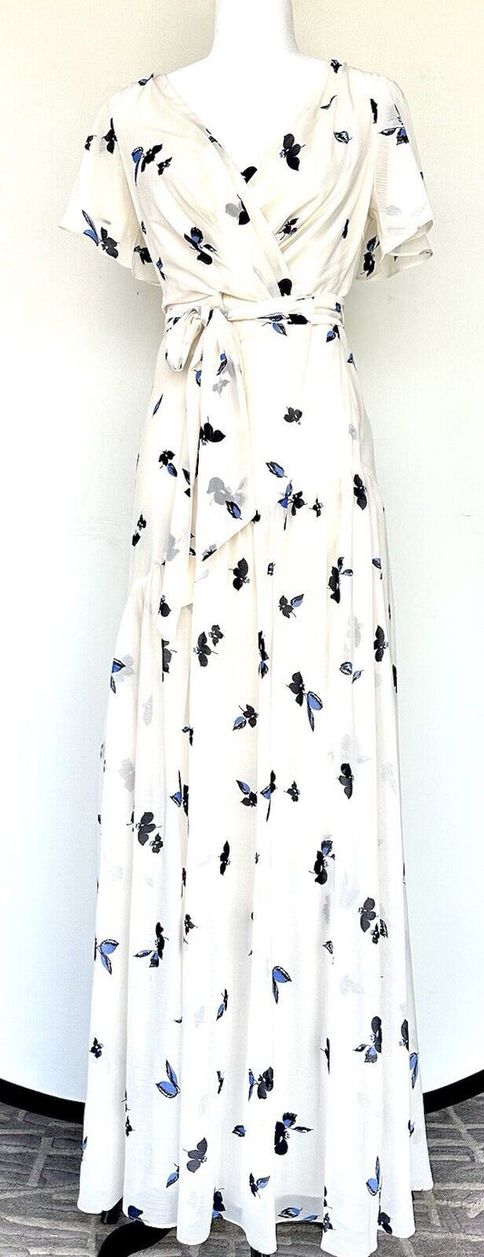 Lauren Ralph Lauren Cream Maxi Dress Blue Leaf Size 0 Retail $240 New W Tags