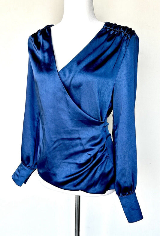 Kut From The Kloth Satin Blue Long Sleeve Pleated Blouse Retail $90 XS