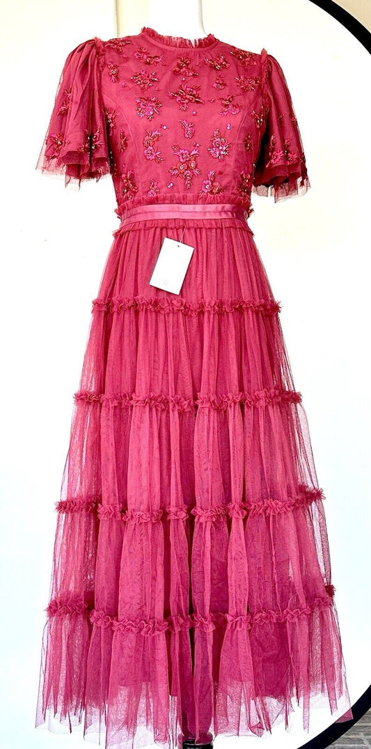 Ivy City Red Beaded Anastasia Tulle Dress Tiered Retail $218  Size XXS