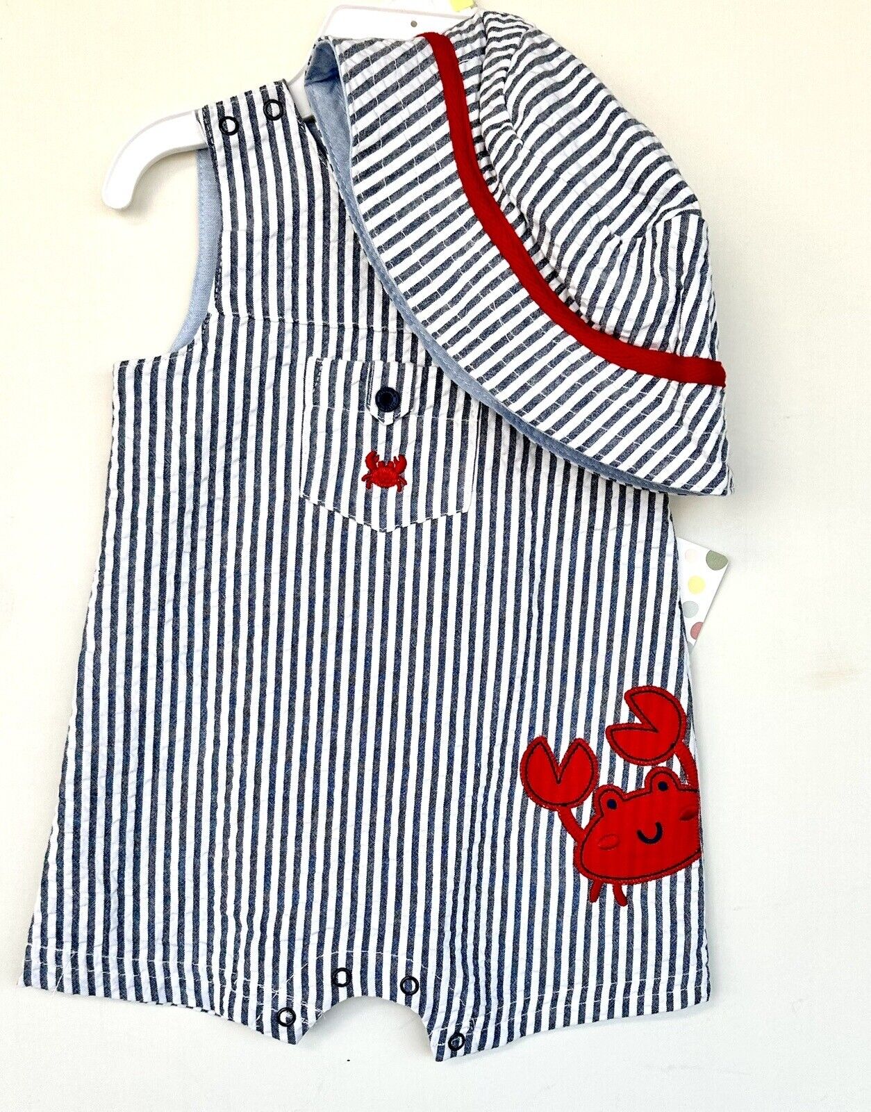 Little Me Striped 2 Pc Romper Set With Hat Crab Design 3 M Retail $34