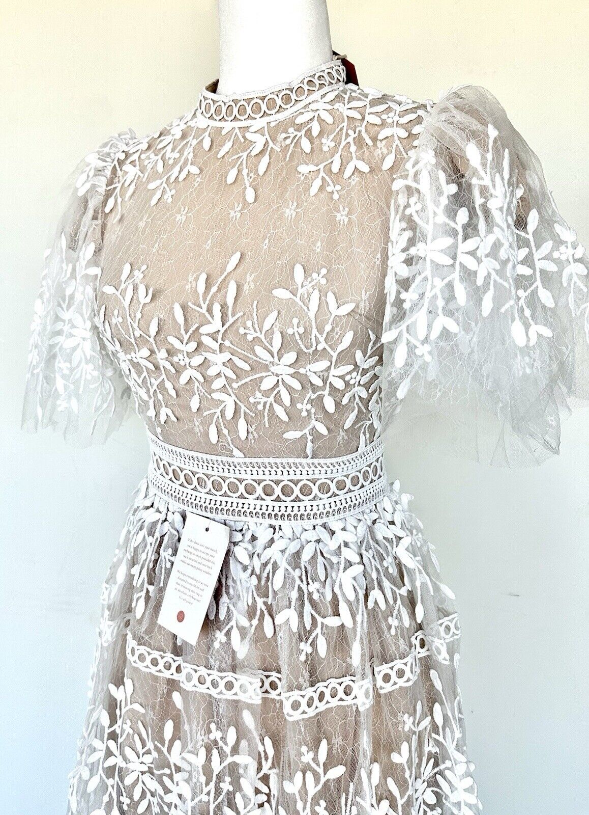 Ivy City White & Nude Embroidered Sicily Dress Three Layered. XS Flutter Sleeve