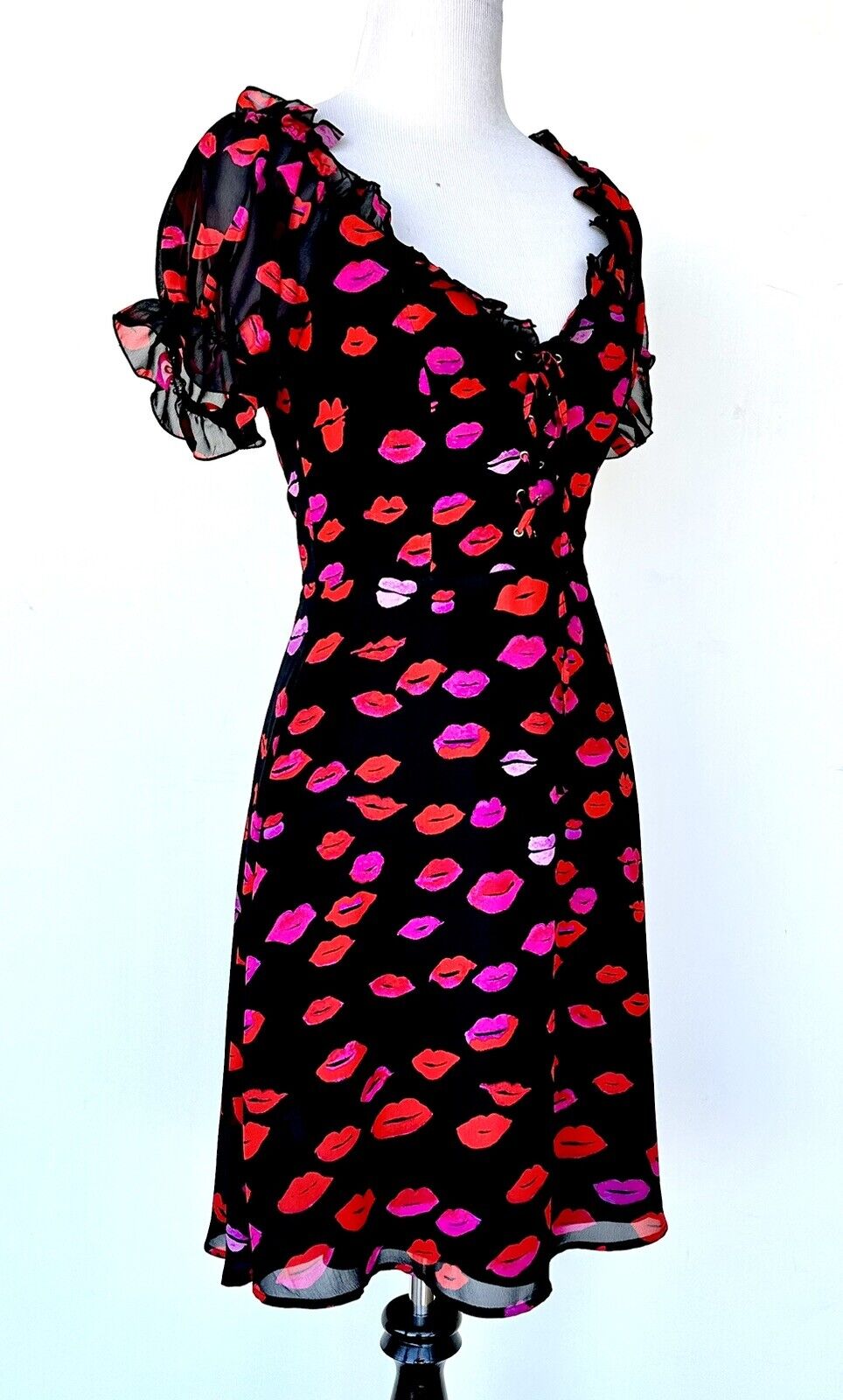 Betsey Johnson Black & Red Lips Lace Up Dress Retails $118 Price $89 Size 2