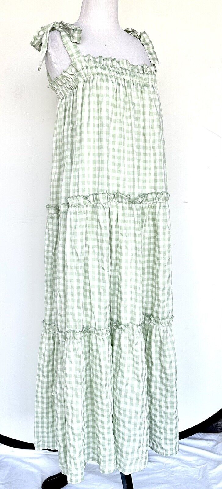 Enmerci Green Gingham Maxi Dress Tie Shoulder Strap Size M Tiered $58 &Merci