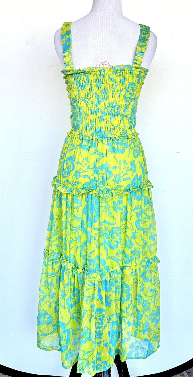 Umgee Lime& Blue Smocked Maxi Dress Sleeveless Price $56 Size S NWT