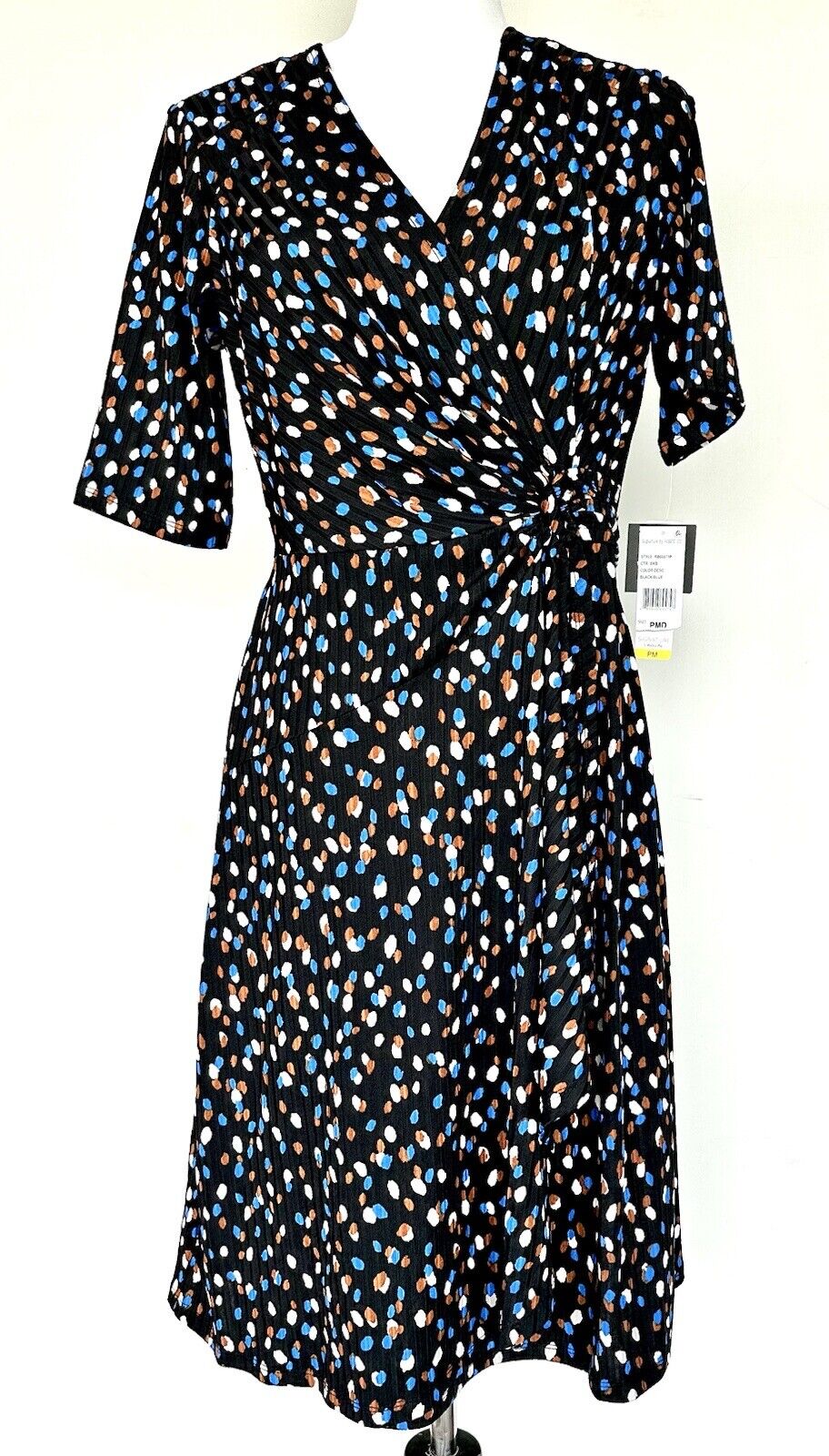 SIGNATURE BY ROBBIE BEE Black Spot Faux Wrap Dress Retail $79 Stretch Size SP