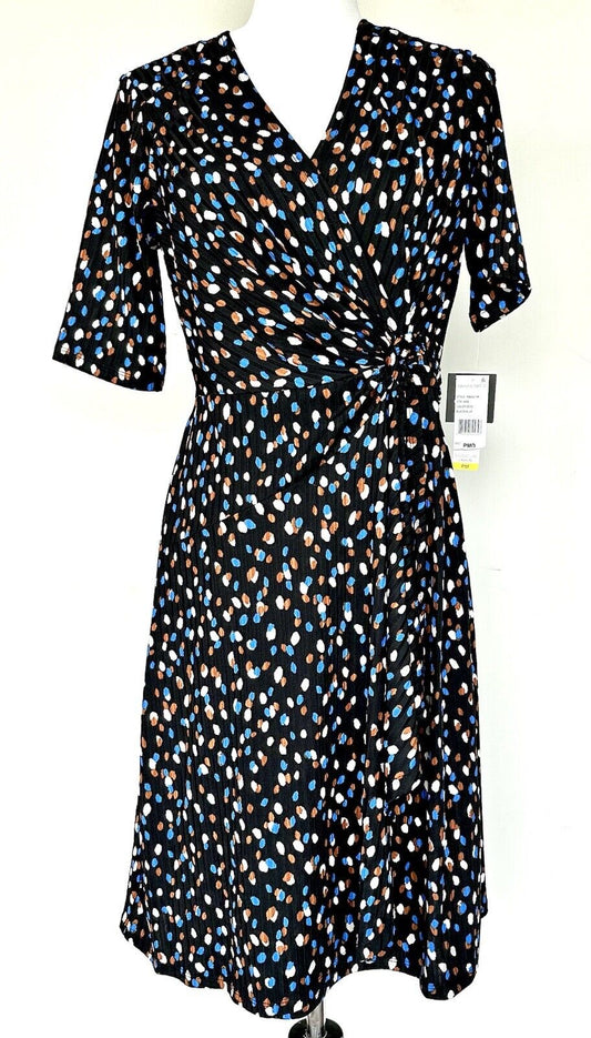 SIGNATURE BY ROBBIE BEE Black Spot Faux Wrap Dress Retail $79 Stretch Size SP