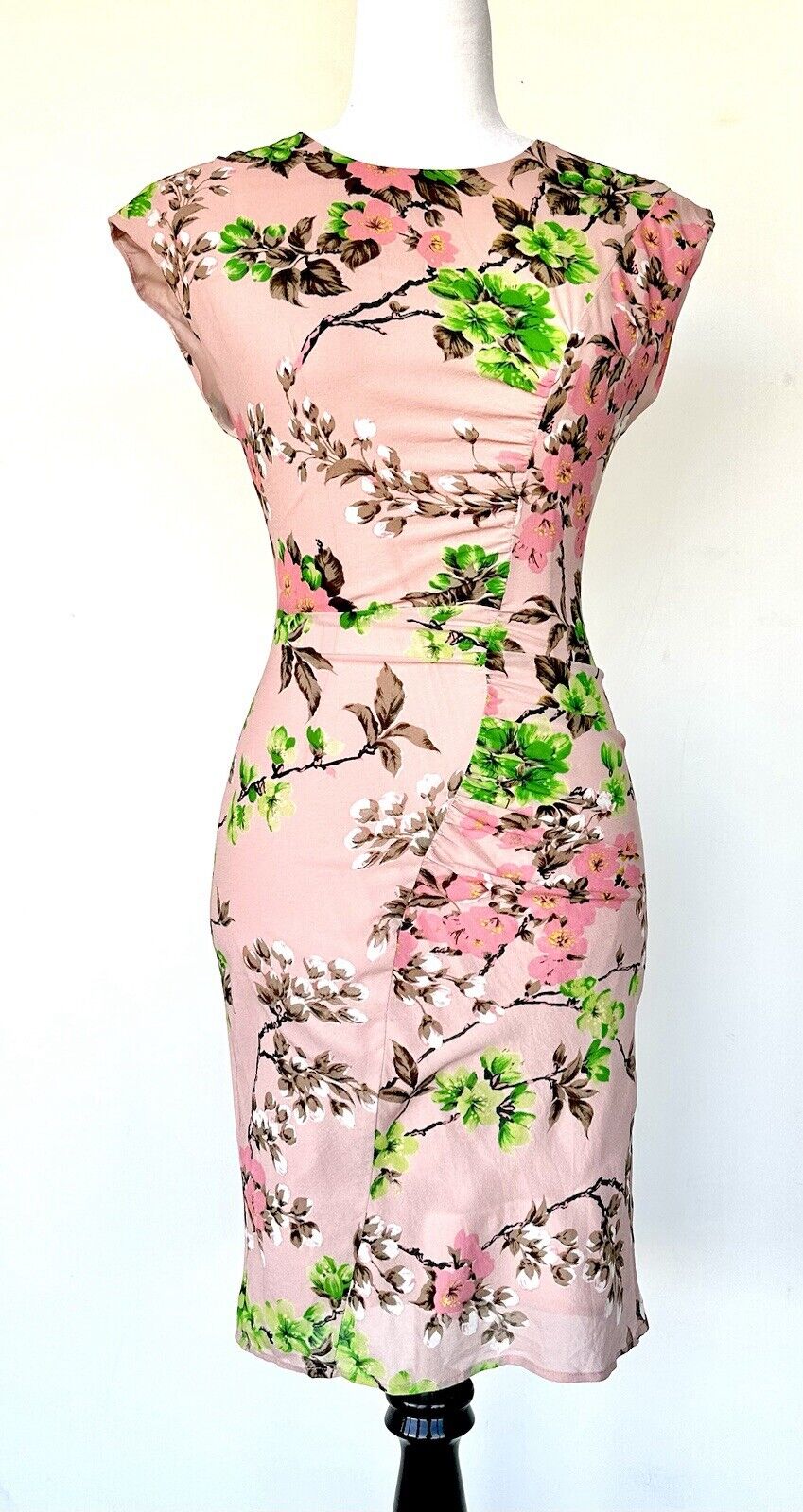 Whistles Floral Chiffon Pink Dress Size 0 Ruched Pleated Hip Design