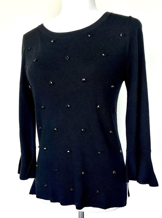 Le Gali Julie Rhinestone 3/4 Sleeve Light Sweater XS Black Retail $75