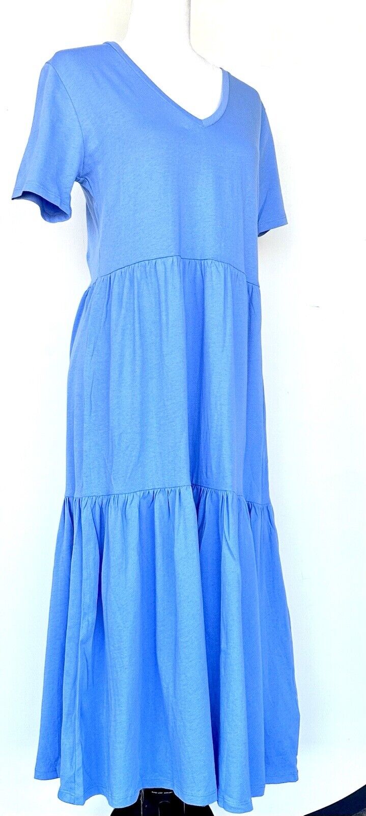 J Crew Blue Tiered SS Midi Dress Size S Retail $59.50 V Neck