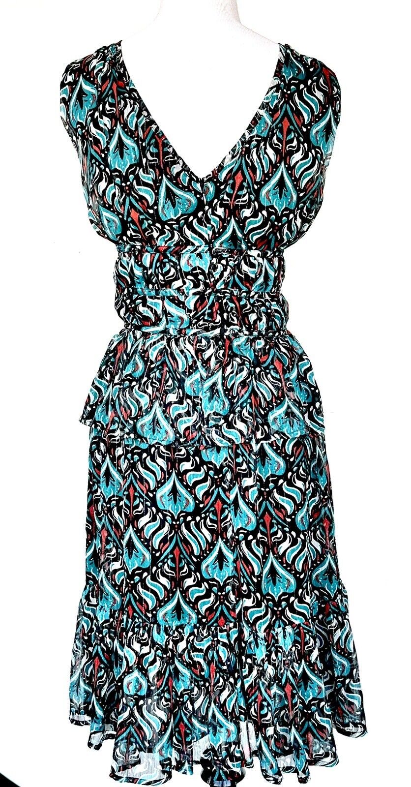 Walter Baker Teal Black Red Peplum Metallic Dress Retail $218 Price $72  XS