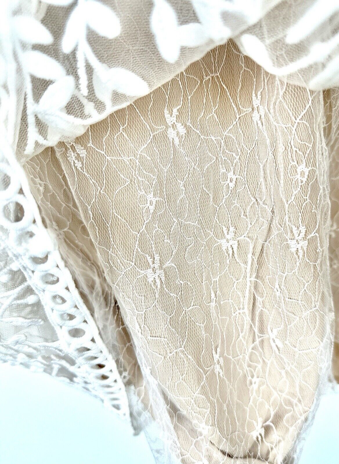 Ivy City White & Nude Embroidered Sicily Dress Three Layered. XS Flutter Sleeve