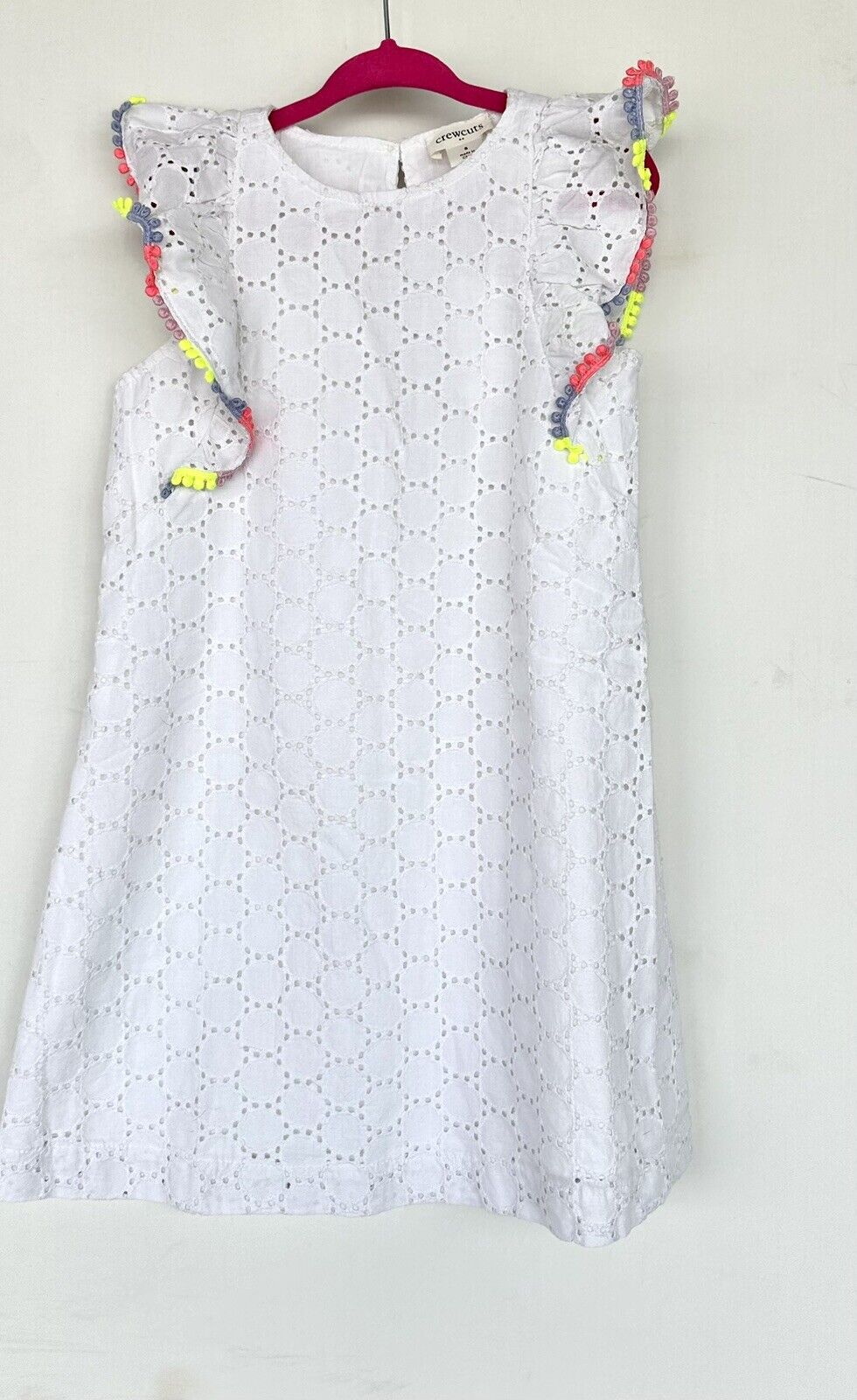 Crewcuts J Crew White Girls Eyelet Dress Pom Pom Sleeve Age 5 NWT Retail $69.50