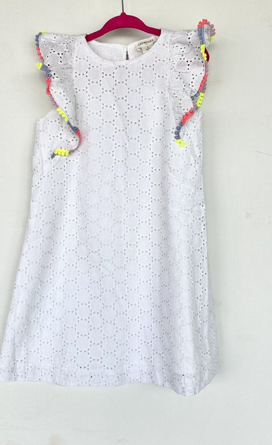 Crewcuts J Crew White Girls Eyelet Dress Pom Pom Sleeve Age 5 NWT Retail $69.50