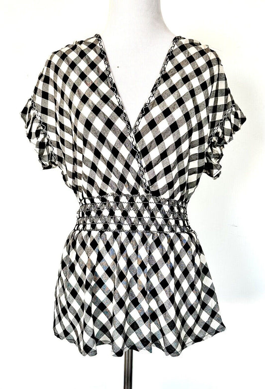 MAX STUDIO Black White Gingham Check Smocked Ruffle Top Retail $88 Price $44  XS