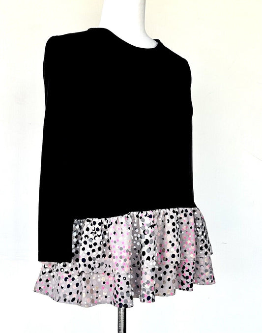 Kate Spade Black Top W/Ruffle Metallic Gold Silver Pink Spot Retail $119 XS