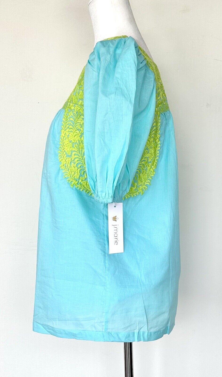 J Marie embroidered Cove Top Sz XS NWT Aqua Blue Puff Sleeve Retails $118