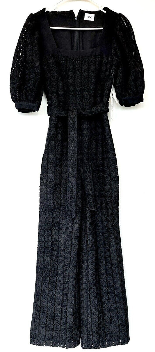 Lini Black Square Neck Crochet Lace Jumpsuit Retails $328 XS  NWT